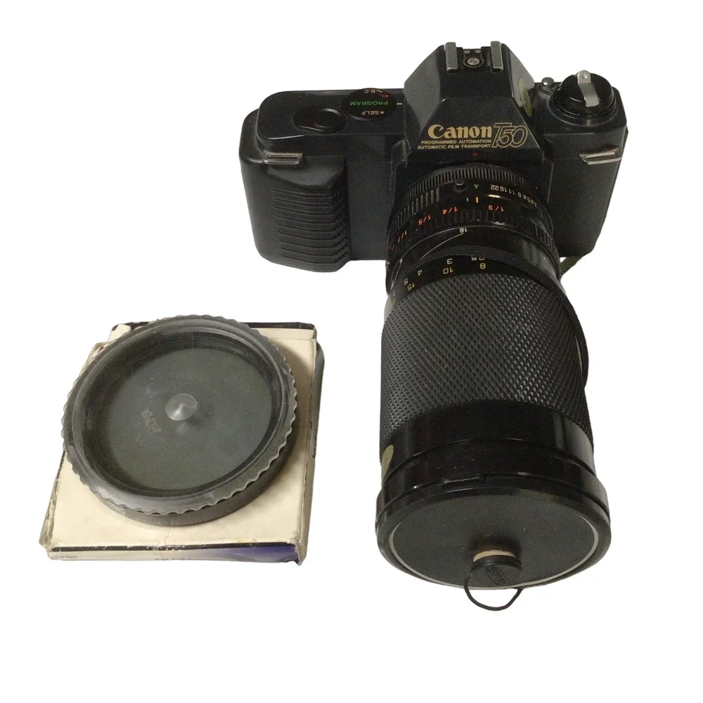 Untested Canon T50 35mm Film Camera Soligor 35-200mm Lens & hoya Filter 912A